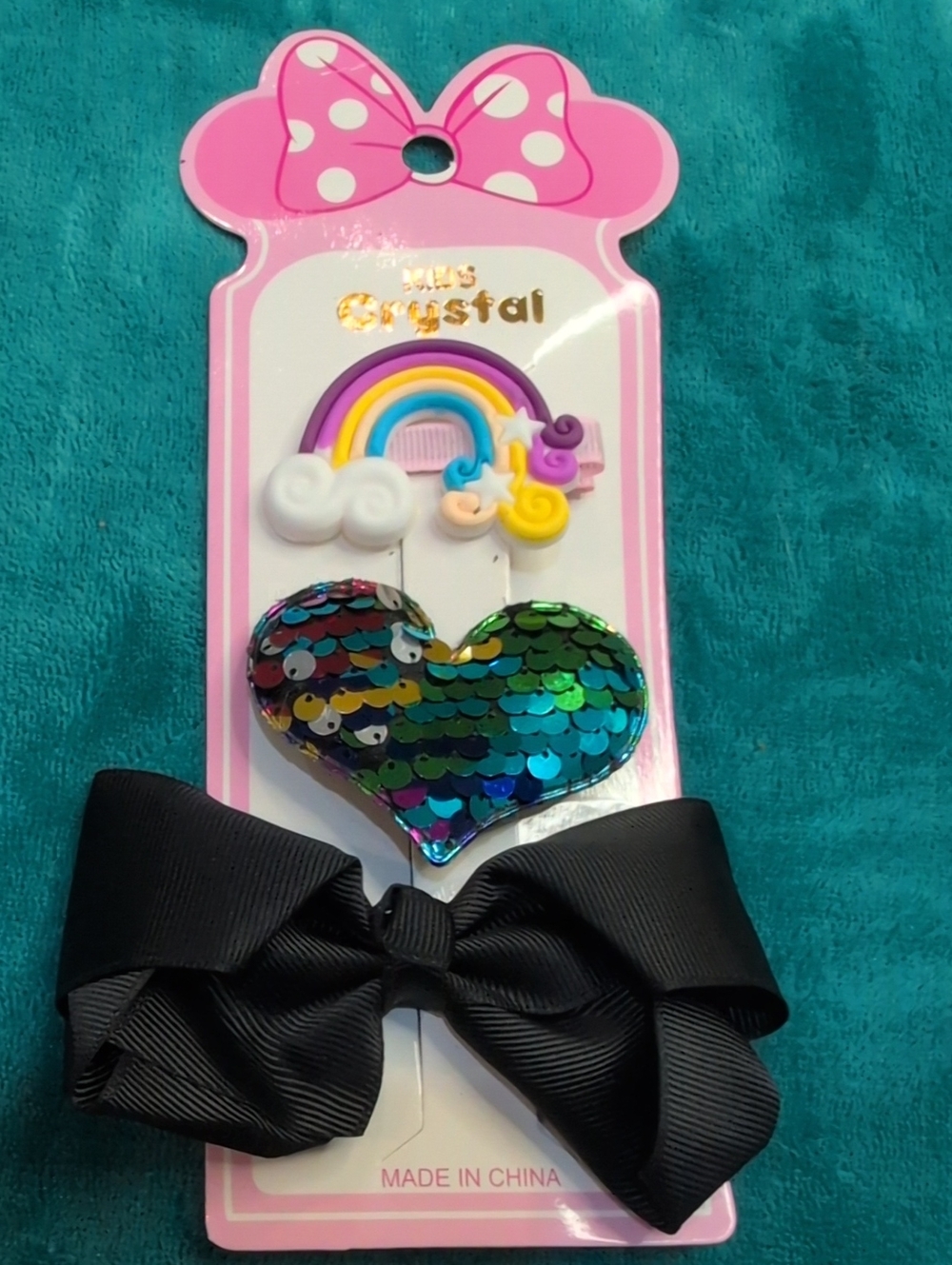 Kids Hair Bow & Sequin Heart Set - Black Bow with Multicolor Heart